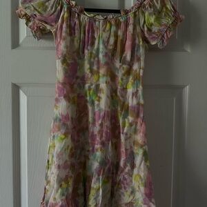 ASTR THE LABEL Watercolor Floral Off-Shoulder Mini Dress - Pink, Yellow & Green